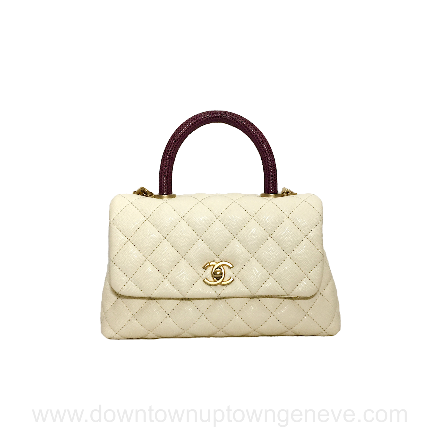 Chanel Coco Handle PM flap bag in cream caviar leather with burgundy lizard  handle - DOWNTOWN UPTOWN Genève
