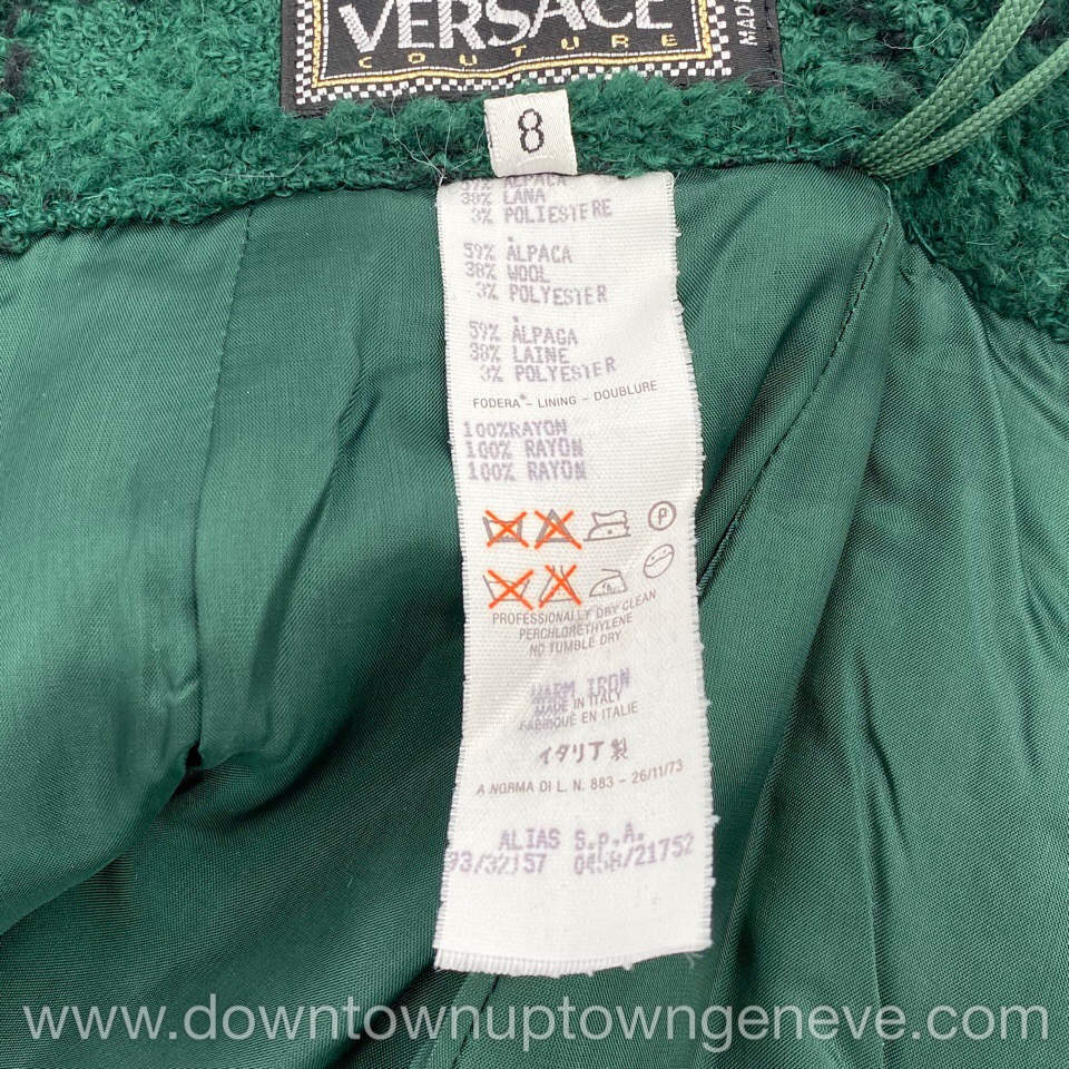 Versace Couture vintage skirt suit in green tweed with black trim ...