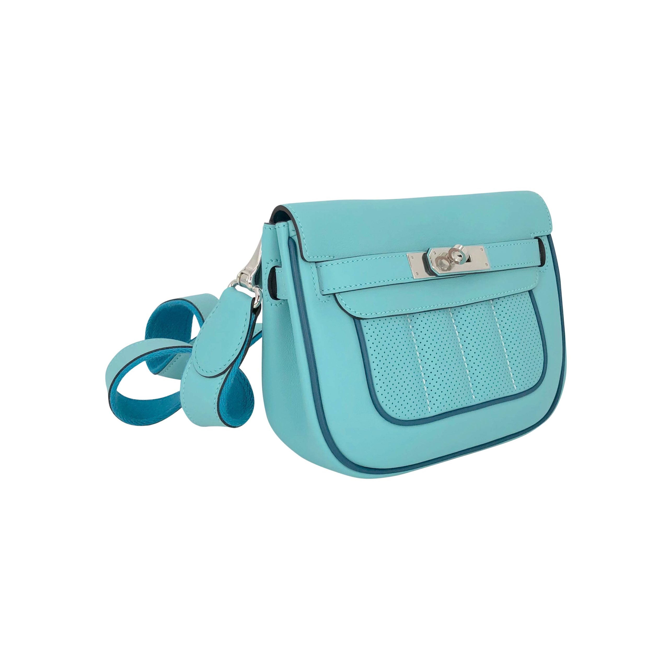 Hermes Berline 21 Crossbody Bag in Turquoise Swift with Two Tone Strap PHW