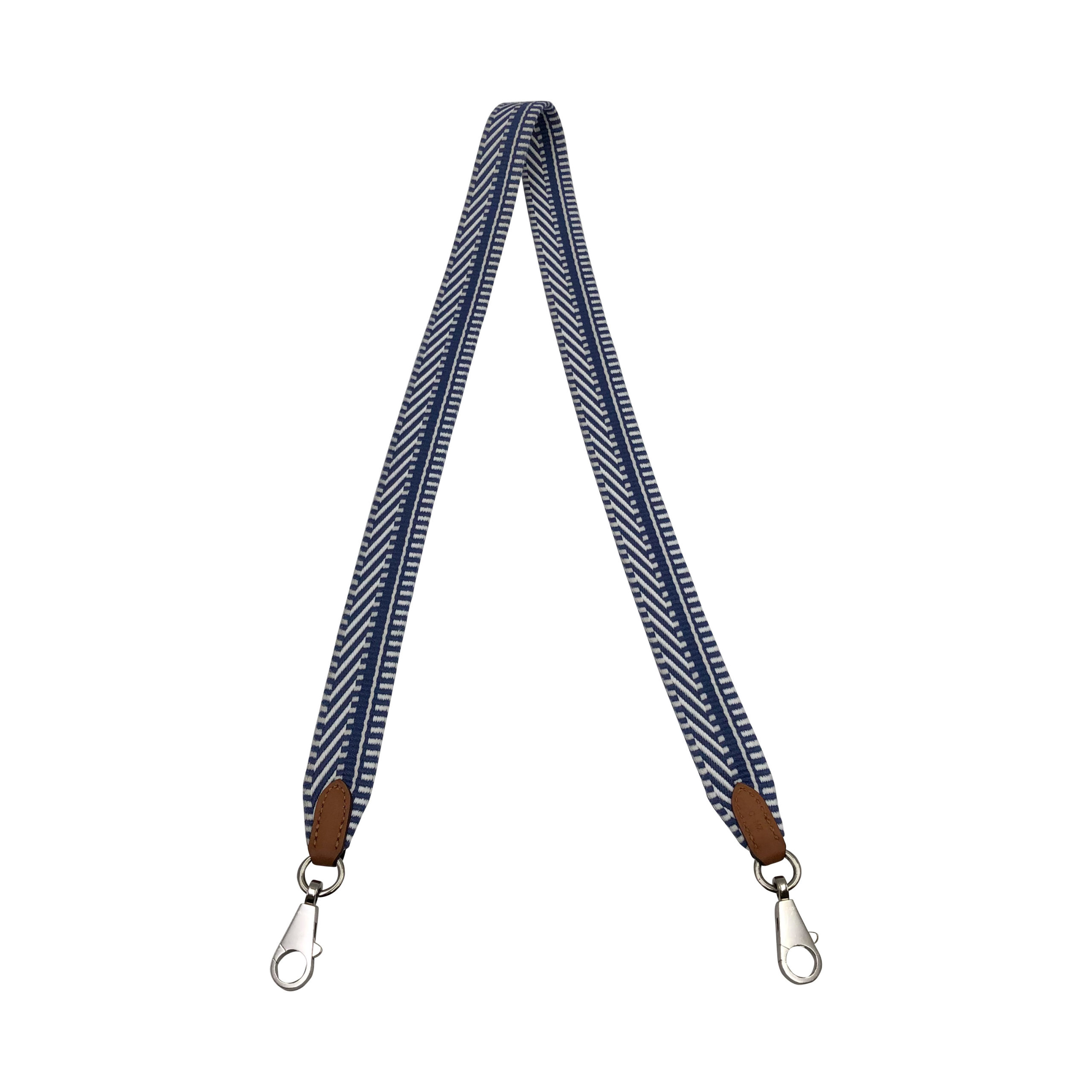 Hermès Cavale 25mm bag strap in blue and white chevron canvas PHW -  DOWNTOWN UPTOWN Genève